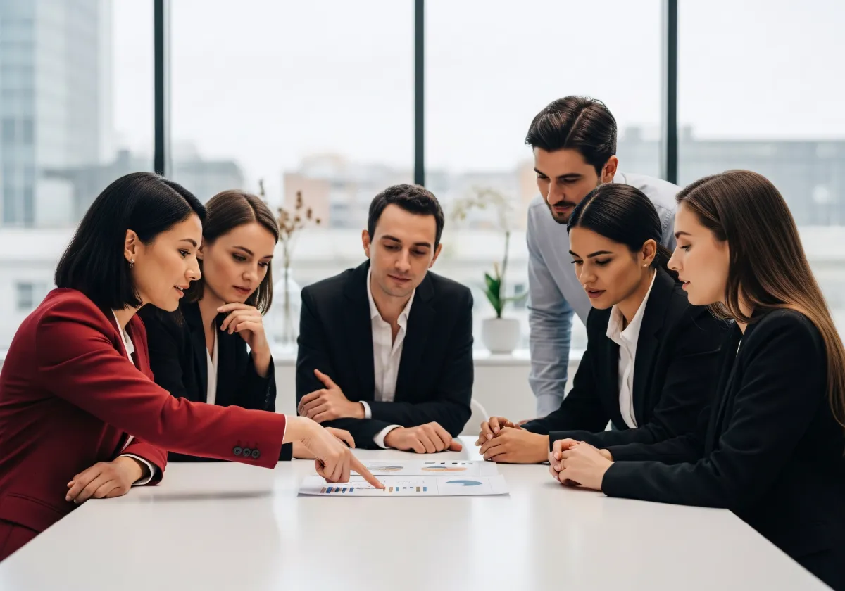 Profissionais a discutir relatório transparente